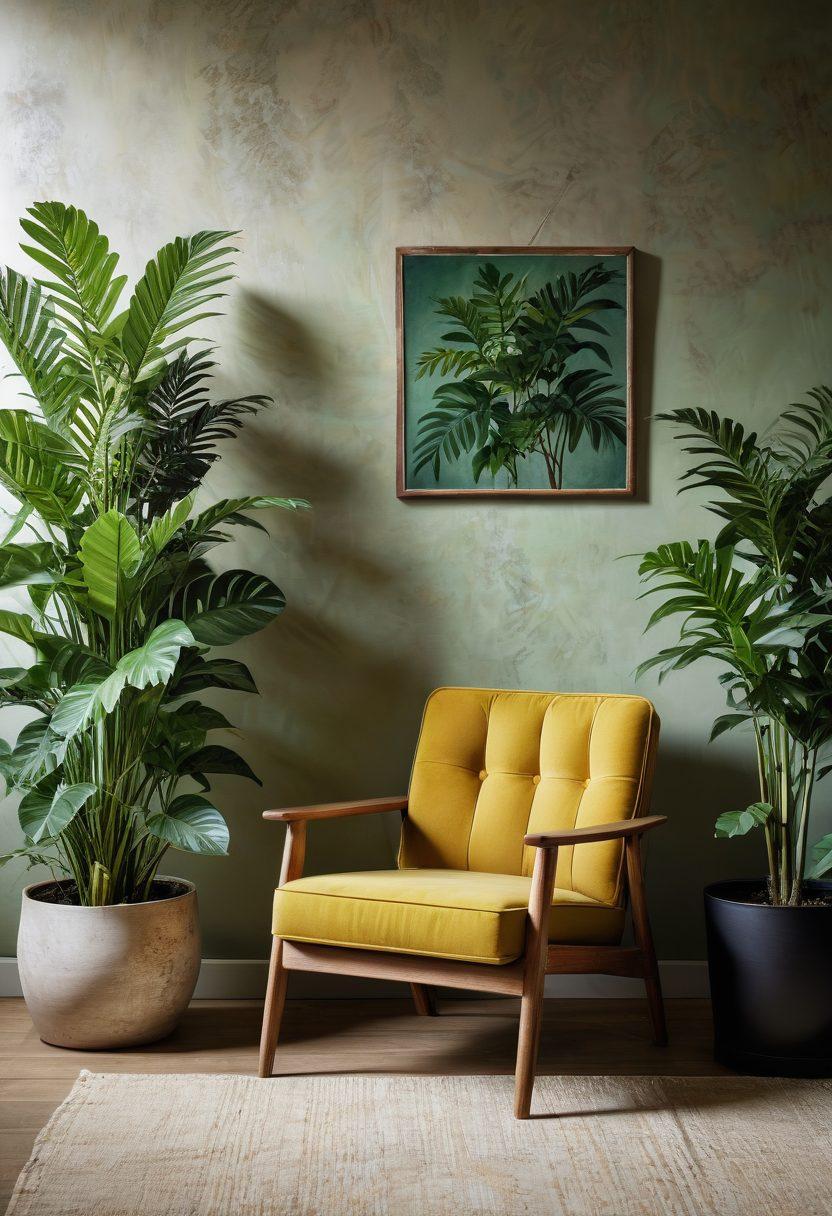 A captivating collage showcasing a blend of vintage and eco-friendly furniture styles, featuring an antique wooden chair beside a modern recycled material sofa. Incorporate lush green plants to symbolize sustainability and a warm, inviting living space. Soft lighting to create a cozy atmosphere, with a textured wall in the background displaying a fusion of old and new decor. vibrant colors. super-realistic. warm tones.