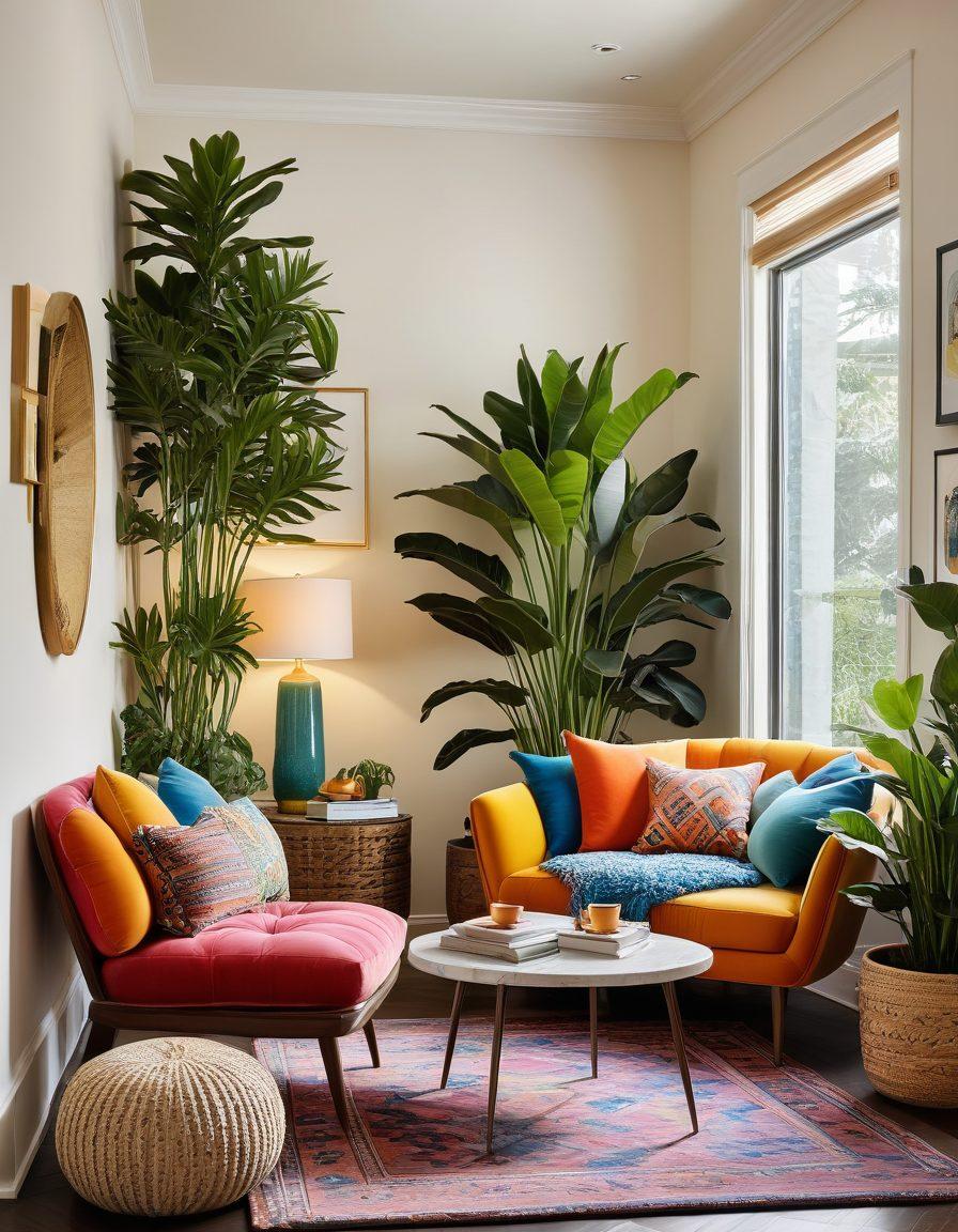 A stylish room featuring modern decorative furniture with vibrant colors, showcasing an eclectic mix of textures and patterns. Include a cozy reading nook with a plush chair, a sleek coffee table, and lush indoor plants for a lively atmosphere. Add soft ambient lighting to enhance the styling details and evoke a sense of transformation. super-realistic. vibrant colors. warm lighting.