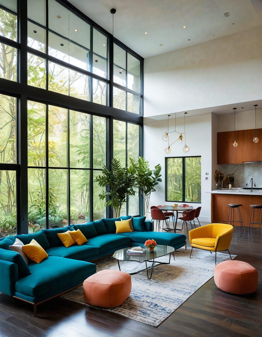A modern living room showcasing innovative design elements: sleek furniture with geometric shapes, vibrant pops of color, and creative lighting fixtures. Incorporate greenery for a fresh feel and an open floor plan that emphasizes space and flow. Use a mix of materials like glass, metal, and wood to highlight sophistication, while a large window provides natural light. vector art. vibrant colors.